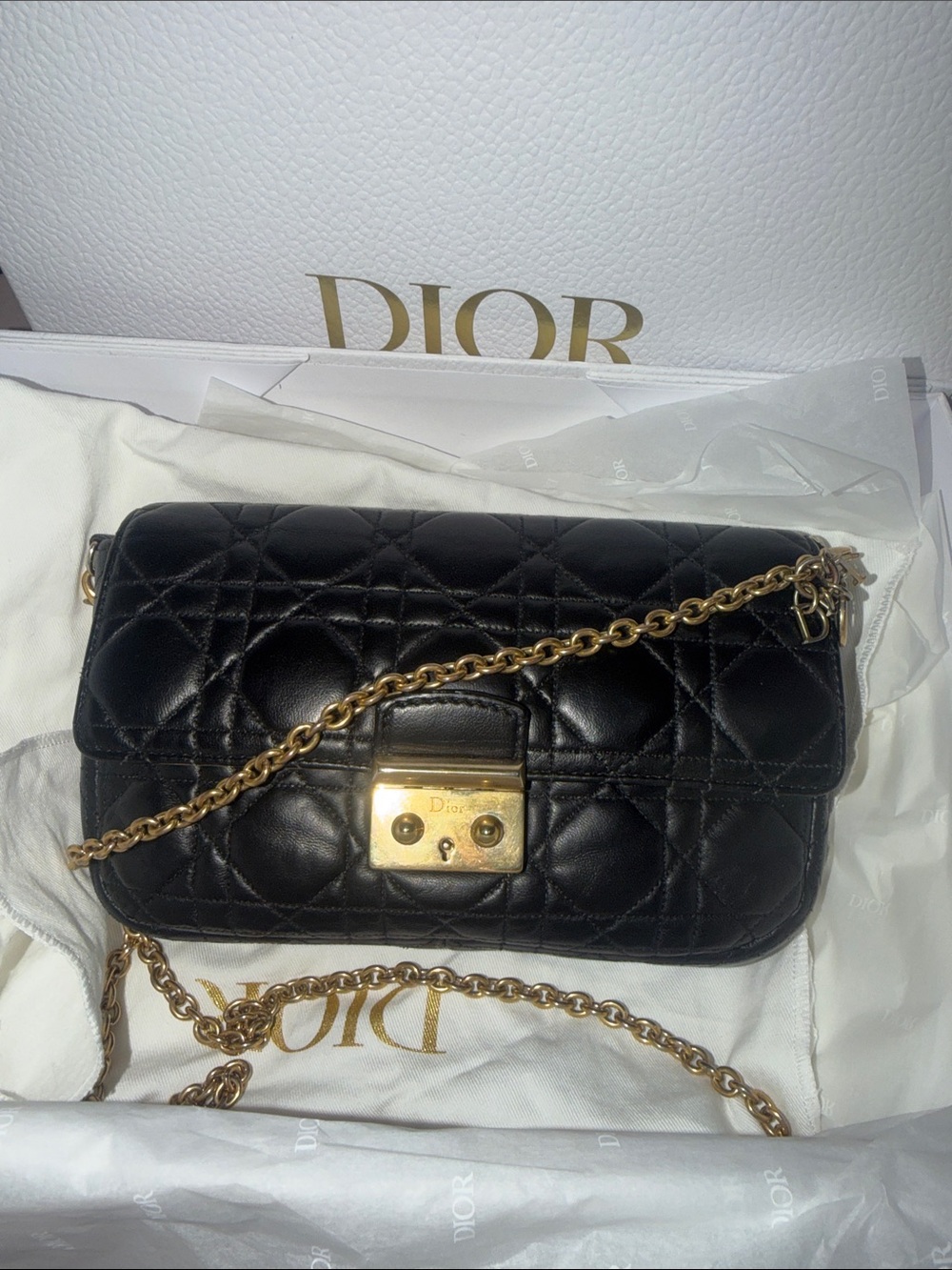 Dior Black Quilted Leather Crossbody with Gold Chain